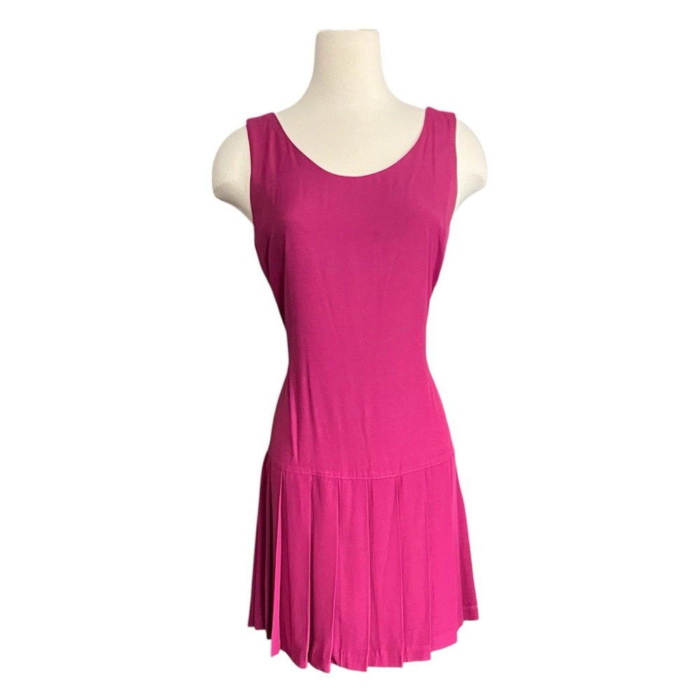 VTG 90s Rampage Hot Pink Drop Waist Pleated Mini Dress Pearl Button Back Size 7